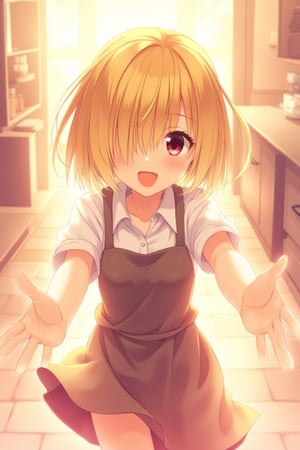 A whimsical, warm-toned anime scene: A girl runs towards the viewer with her arms open, in an incoming hug. her delicate fingers spread out with her extended arms. Her detailed, expressive anime hands reach out to the viewer for a loving hug. Her hair is blonde and covers one eye. Her eyes are red and her smile inviting. Delicate lines and textures define her features. She wears an apron and a white shirt with the sleeves rolled up.