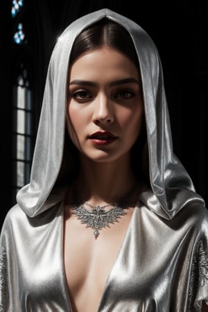 ultra detailed 8k cg, intricate detail, delicate pattern, jewelry, gem, silver, silver theme, shiny, glint, sparkle, silver cloak, silver dress, silver hair, silver eyes, rich, prestige, gothic architecture