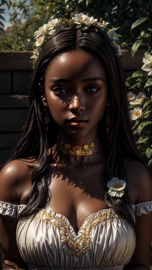 35mm, 8k, incredibly hyper detailed and intricately realistic, full body character, 18 years old, beautiful, female, sexy, perfect, long black hair, light brown eyes, elegant white dress, flowers in hair, detailed face, black skin , tender facial features of an african woman, garden background, cover art, zoom out, choker, hyper detailed painting, luminism, bar lighting, intricate, 4k resolution concept art portrait, perfect eyes