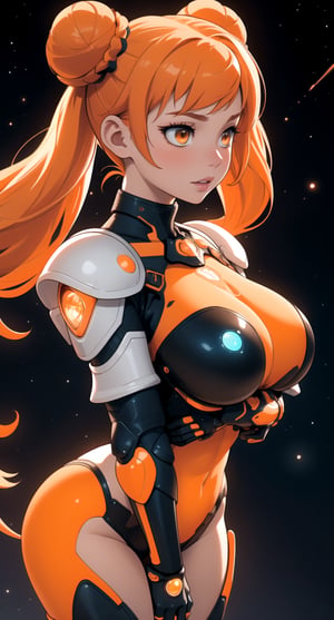 centered, upper body, award winning upper body portrait, detailed face, (beautiful detailed eyes:1.2), | solo, woman, orange hair color, (twintail bun), light orange eyes, (neon futuristic armor), (orange gem on chest), | symetrical and detailed armor, | mystical, nebulosa, cosmic vibe, | depht of field, | space atmosphere, | hyperealistic shadows, smooth detailed, |

standing and with a big ass, big and voluptuous breasts, sensual and erotic, front view, with a large and erotic sex, nude, full body, front view
