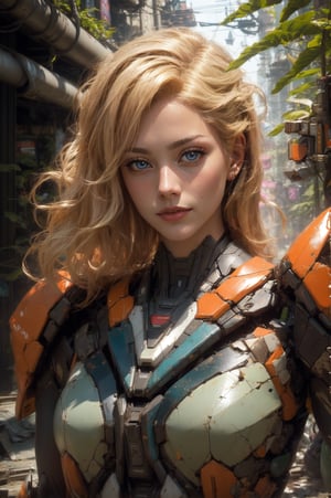 8k portrait of beautiful girl with blonde hair, wearing cyberpunk suit, walking to the viewer, close-up photo, majestic, digital photography, ruled of third composition, art by artgerm and ruan jia and greg rutkowski surreal painting, broken glass, (masterpiece, sidelighting, finely detailed beautiful eyes: 1.2), hdr, (detailed background cyberpunk city in lush rainforest : 0.7),stationary_restraints,mecha musume,mecha,SRS