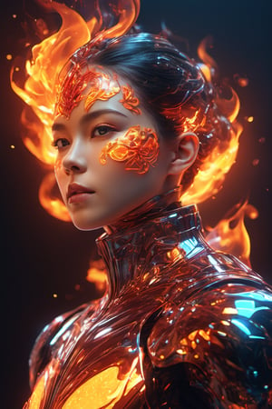 fire as part of human body, fiery, front facing, full body, front side, subsurface scattering, transparent, translucent skin, glow, bloom, Bioluminescent liquid,3d style,cyborg style,Movie Still,Leonardo Style, warm color, vibrant, volumetric light