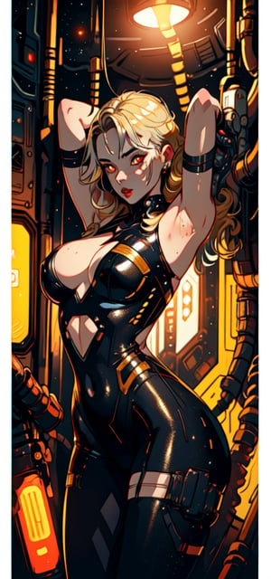 A girl with blond hair, intense golden red eyes, wearing Cyberpunk clothes Tight bodysuit, with her arms made of metal, against a dark background of inside a space station at night. detailed-eyes, details-face, details-lips,LuxuriousNeons Costume,  silver dress,tape_clothes,tape,upshirt

standing and with a big ass, big and voluptuous breasts, sensual and erotic, front view, with a large and erotic sex, nude, full body, front view