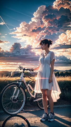 (masterpiece), (best quality), (cinematic lighting), (ultra-deatailed:1.2), a beautiful girl standing with her bicycle staring out to the sunset, (white summer dress), adidas shoes, happy, sunset, japanese country side, makoto shinkai inspired, (full body shot), sun rays, heavy shadows, (perfect anatomy:1.4), glitter, (crazy details), blue skies, clouds, colorful, (ultra wide shot), RAW photo, 100mm lens, zoomed out