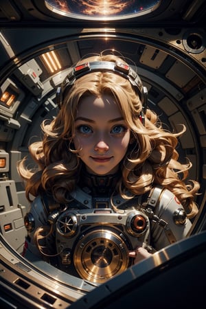 (masterpiece), selfie, centered, Instagram able, steampunk astronaut 1girl, cute smile, red ribbon, long wavy hair, blonde hair, red eyes, steampunk spaceship interior, space background, stray hair, fisheye effect, backlight, dynamic lighting, reflection, depth of field, ultra detailed, intricate, (epic composition, epic proportion), professional work,FF,mecha