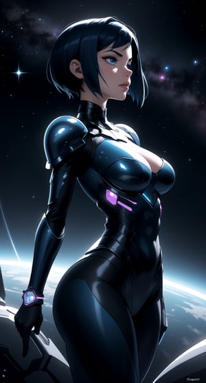 centered, upper body, award winning upper body portrait, detailed face, (beautiful detailed eyes:1.2), | solo, woman, dark blue hair color, very short hairstyle, dark blue eyes, (neon futuristic armor), (dark blue gem on chest), | symetrical and detailed armor, | mystical, nebulosa, cosmic vibe, | depht of field, | space atmosphere, | hyperealistic shadows, smooth detailed, |

standing and with a big ass, big and voluptuous breasts, sensual and erotic, front view, with a large and erotic sex, nude, full body, front view