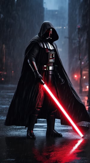 One man, hoody, black armor, holding one red lightsaber, full body
| wet surfaces, rain, lightning, sparks
| builings, (masterpiece, best quality, ultra-detailed, best shadow)

standing and with a big ass, big and voluptuous breasts, sensual and erotic, front view, with a large and erotic sex, nude, full body, front view
