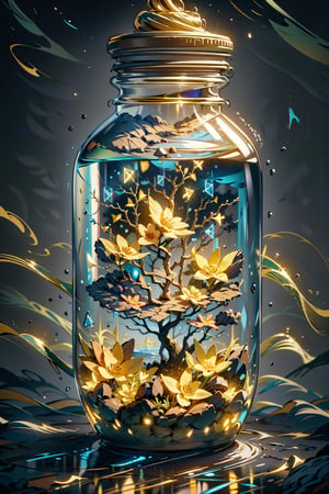 Highres, best quality, extremely detailed, area lighting in background, HD, 8k, extremely intricate:1.3), 1 girl, realistic, SMALL BODY, CUTE, GlowingRunes_yellow, stomach, elf, fairies, phgls, in container, Transparent colorless vaze, colorful flowers, warm colors, softly painted, very dark background, impressionistic, abstract, 