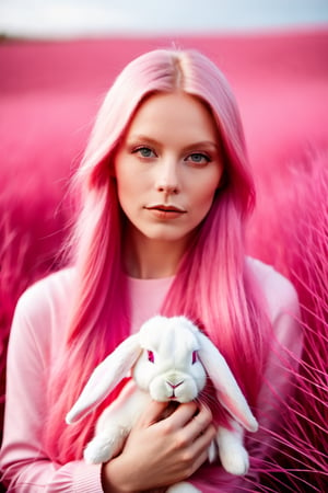 (pink monochromatic image, beautiful young Scandinavian woman with pink bunny, long pink hair, shot outside, pink grass, hasselblad 1600f )