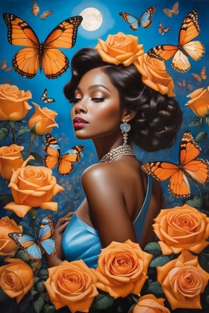 M W's 'Moonlight and Butterflies' showcases a painting titled 'Rose,' embracing hyper-realistic portraiture. Within its canvas, vibrant illustrations bloom into life, crafting flowers in hues of orange and azure. This carnivalesque masterpiece is a symphony of photographically detailed portraiture, where every petal and hue evokes emotion. A creation that could grace album covers and captivate hearts.,Movie Still,HZ Steampunk