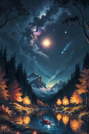 a large circle of a person above a tree in an image, in the style of vibrant fantasy landscapes, red and yellow, energy-filled illustrations, hikecore, sublime wilderness, poster art, galaxy, planets. milky way, mountains, lake, floating koi fish,(masterpiece), (best quality), forest, trees, leaves_falling, rivers, little birds flying, lonely forest, night, (detailed background), (masterpiece:1.2), (ultra detailed), (best quality), comprehensive cinematic, magical photography, (gradients), colorful, detailed landscape, visual key., swimming fish, coherence, more_definition, ssmall fish swimming in the river, water bubbles around the fish, 1 huge castle, mountain, lake,justin_c