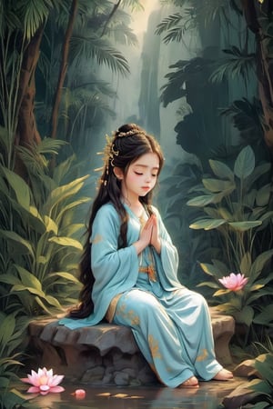A cute girl meditation on jungle, peace, lord shiva praying, very very realistic cute adorable chibi beautiful girl,