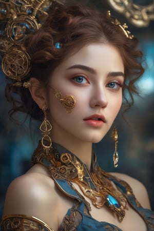 HZ Steampunk,gh3a,belt, gear, 8k portrait of beautiful cyborg with brown hair, intricate, elegant, highly detailed, majestic, digital photography, art by artgerm and ruan jia and greg rutkowski surreal painting gold butterfly filigree, broken glass, bare shoulders, looking at viewer, parted lips,  collarbone, glow blue eyes, lips, see-through, off shoulder, small breasts,