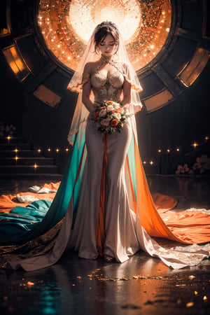 Story, bride posing under a fairy tale, elaborate scene style, glitter, orange, realistic style, 8k,exposure blend, medium shot, bokeh, (hdr:1.4), high contrast, (cinematic, dark orange and white film), (muted colors, dim colors, soothing tones:1.3), low saturation, (hyperdetailed:1.2), (noir:0.4)