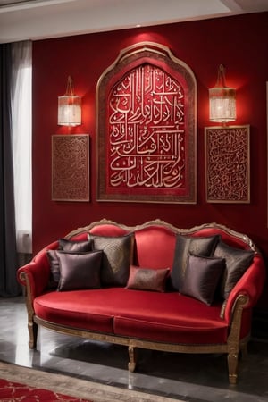 Luxurious red sofa in thelivingroom with intricated arabic caligraphy on the wall, high_res, cinematic light, dark, high_res