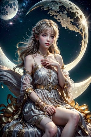 masterpiece,{{{best quality}}},(illustration)),{{{extremely detailed CG unity 8k wallpaper}}},game_cg,(({{1girl}})),{solo}, (beautiful detailed eyes),((shine eyes)),goddess,fluffy hair,messy_hair,ribbons, ({{misty}}),Brilliant light,cinematic lighting,long_focus,Mythic place on sky with lovely decoration, a girl, moon goddess, wear gorgeous silk dress with detail decoration, sitting on the moon, hands on silver archer and gold bows,sitting moon, hunting pose