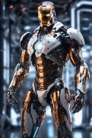 anatomically correct a bio mechanical cyborg  ironman ,full length shot, made of fiber white and carbon, transparent body, (extremely detailed face, full body, look at viewer),carbon fiber texture, carbon fiber, soft bright background, shine, subsurface scattering, transparent, glow, bloom, jellyfish, coral, Bioluminescent liquid, volumetric light, tube, 3d style,cyborg style,Movie Still,Leonardo Style,cyborg