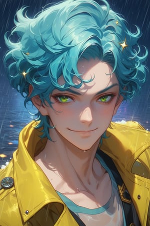 Score_9,score_8_up,score_7_up,Highly detailed, masterpiece, high quality, beautiful, high resolution, good details,1boy,solo,male focus,mezcla5v2,mint green eyes,(marine blue hair),short hair,focus face,freckles,smile,rain coat,dynamic angle, (close mouth),smile,looking at viewer,background winter,night,((sparkles)),