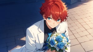 Score_9,score_8_up,score_7_up,Highly detailed, masterpiece, high quality, beautiful, high resolution, good details,1boy,solo,male focus,mezcla5v2,hiiro agami, blue eyes, red hair,outdoor,church,suit,white suit,blue necktie,blue roses,smile,looking up, from above,bouquet the blue roses, bouquet between hands,snile,blush,happy,looking at viewer,((dutch angle:1.2)),