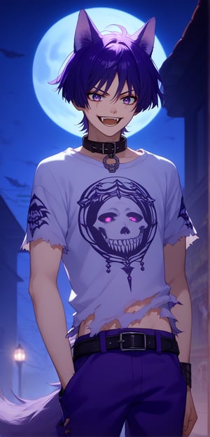 Score_9,score_8_up,score_7_up,Highly detailed, masterpiece, high quality, beautiful, high resolution, good details,1boy,solo,male focus,wolf tail,wolf ears,striped t-shirt,torn clothes,belt,purple pants,cementery,scars,bandages,night,halloween,smile,mezcla5v2,scara,short hair,bangs,purple eyes,purple hair,hair between eyes,dog collar,open mouth,fangs,