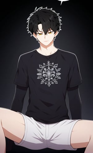 ((masterpiece)), ((best quality)), ((ultra-detailed)), score_9, score_8_up, score_7_up, HD, top quality, best quality, High-quality illustrations, masterpiece, Expressiveh, 1boy, solo, male focus, Anime, male anime character, anime boy,black t-shirt,white shorts,looking at viewer,simple_background,black background,outline,(white outline),smile,spread legs,carlian aslan,black hair,short hair,yellow eyes,bangs.