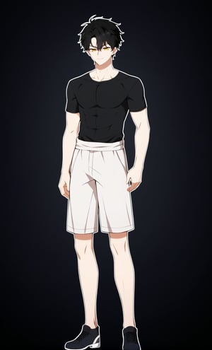 ((masterpiece)), ((best quality)), ((ultra-detailed)), score_9, score_8_up, score_7_up, HD, top quality, best quality, High-quality illustrations, masterpiece, Expressiveh, 1boy, solo, male focus, Anime, male anime character, anime boy,black t-shirt,white shorts,looking at viewer,simple_background,black background,outline,(white outline),smile,full body,carlian aslan,black hair,short hair,yellow eyes,bangs.