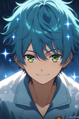 1boy,solo, male focus, mint green eyes,(marine blue hair),short hair,focus face,freckles,smile,rain coat,dynamic angle, (close mouth),smile,looking at viewer,background winter,night,((sparkles)),