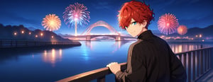 Score_9,score_8_up,score_7_up,Highly detailed, masterpiece, high quality, beautiful, high resolution, good details,1boy,solo,male focus,mezcla5v2,hiiro agami, blue eyes, red hair,bridge,night,handrail,coar,black sweater,turtleneck_sweater,smile,night,fireworks,upper_body,looking_at_viewer,happy,happy_face,from behind,looking back,