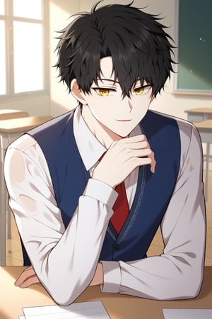 Score_9,score_8_up,score_7_up,Highly detailed, masterpiece, high quality, beautiful, high resolution, good details shiny skin, wet hair, shaded countershaded,1boy,solo,male focus,looking at viewer,carlian aslan,black hair,short hair,yellow eyes,bangs,smile,classroom,school uniform,desk,necktie,