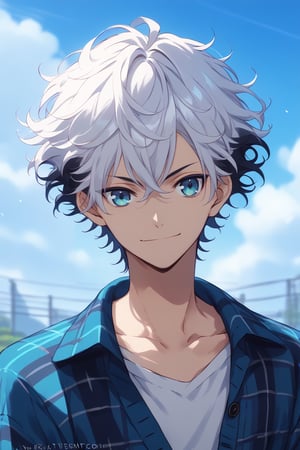 Score_9,score_8_up,score_7_up,Highly detailed, masterpiece, high quality, beautiful, high resolution, good details,1boy,solo,male focus,DIO,short hair,wavy hair,two-tone hair,white hair,black hair,smile,eyeshadow,cyan eyes,collarbone,sky blue,cardigan,oversize clothes,tartan clothes,mezcla5v2