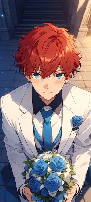 Score_9,score_8_up,score_7_up,Highly detailed, masterpiece, high quality, beautiful, high resolution, good details,1boy,solo,male focus,mezcla5v2,hiiro agami, blue eyes, red hair,outdoor,church,suit,white suit,blue necktie,blue roses,smile,looking up, from above,bouquet the blue roses, bouquet between hands,snile,blush,happy,looking at viewer,