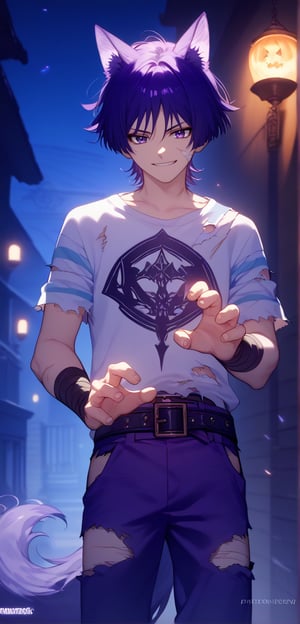 Score_9,score_8_up,score_7_up,Highly detailed, masterpiece, high quality, beautiful, high resolution, good details,1boy,solo,male focus,wolf tail,wolf ears,striped t-shirt,torn clothes,belt,purple pants,cementery,scars,bandages,night,halloween,smile,mezcla5v2,scara,short hair,bangs,purple eyes,purple hair,hair between eyes,claw hands,