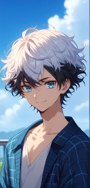 Score_9,score_8_up,score_7_up,Highly detailed, masterpiece, high quality, beautiful, high resolution, good details,1boy,solo,male focus,DIO,short hair,wavy hair,two-tone hair,white hair,black hair,smile,eyeshadow,cyan eyes,collarbone,sky blue,cardigan,oversize clothes,tartan clothes,mezcla5v2