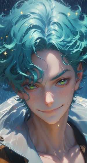 Score_9,score_8_up,score_7_up,Highly detailed, masterpiece, high quality, beautiful, high resolution, good details,1boy,solo,male focus,mezcla5v2,mint green eyes,(marine blue hair),short hair,focus face,freckles,smile,rain coat,dynamic angle, (close mouth),smile,looking at viewer,background winter,night,((sparkles)),