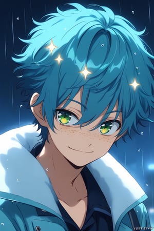 1boy,solo, male focus, mint green eyes,(marine blue hair),short hair,focus face,freckles,smile,rain coat,dynamic angle, (close mouth),smile,looking at viewer,background winter,night,((sparkles)),