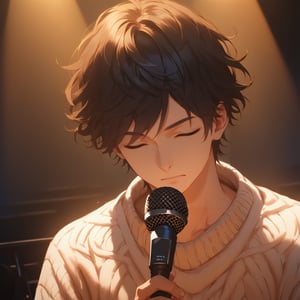 Score_9,score_8_up,score_7_up,Highly detailed, masterpiece, high quality, beautiful, high resolution, good details,1boy,solo,male focus,black hair,stage,black eyes,microphone,mezcla5v2,adult body,sweater,turtle_neck,singing,closed_eyes