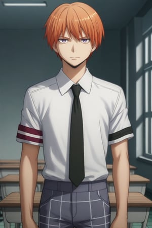 score_9, score_8_up, score_7_up, source_anime, intricate details, (realistic:0.6), looking at viewer, 1boy, solo, male focus, gakushuu_asano, orange hair, purple eyes, short hair,cowboy_shot,classroom,school_uniform,white_shirt,neck_tie,tartan pants,