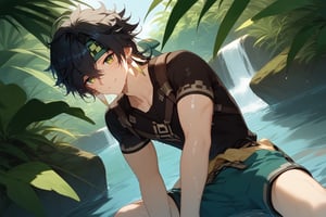 Score_9,score_8_up,score_7_up,Highly detailed, masterpiece, high quality, beautiful, high resolution, good details, muscular, shiny skin, wet hair shaded countershaded,pectorals,1boy,solo,male focus,looking at viewer,((open eyes)),sleep4ever,Expressiveh,kinich,black hair,hair between eyes,green eyes,jewelry,headband,earrings,jungle,short_sleeves,black t-shirt,shorts,smile,((dutch angle)),