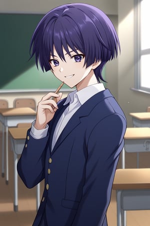 1boy,solo,male focus,smile,sasoritagame,scara,short hair,bangs,purple eyes,purple hair,hair between eyes,smile,classroom,school uniform,desk,