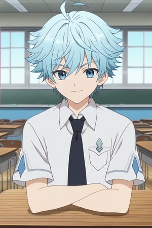 1boy,solo,male focus,smile,sasoritagame,blurry background,chongyun,blue eyes,blue hair,short hair,bangs,hair between eyes,mezcla5v2,anime_screencap,anime coloring,anime,smile,classroom,school uniform,desk,necktie,