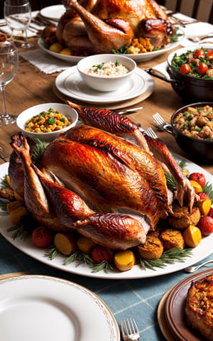 rosted turkey , thanksgiving dinner table