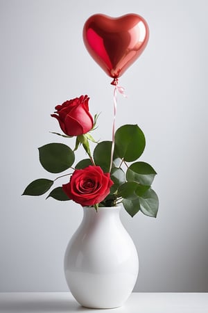 A single valentine rose in a white glass vase, a hearteen balloon with love, white background