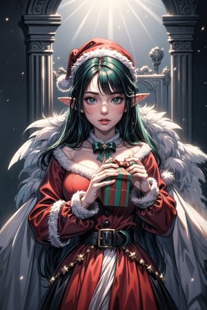 A Ultra realistic, a stunningly portrait, Cute and adorable christmas baby elf with gifts, hoarfrost metal lace, christmas theme,  fantasy, sunlight, sunbeam, intricate detail, 12k, front, cover, unzoom, hyperdetailed painting, luminism, Bar lighting, complex, 4k resolution concept art portrait by Greg Rutkowski, Artgerm, WLOP, Alphonse Mucha, little fusion pojatti realistic , fractal isometrics details bioluminescens : a stunning realistic photograph, wide angle, red, green, white colors
,1 girl,Santa Claus