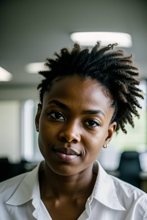 a young black american businesswoman in a dark office room, his eyes and face locked on camera lens, short image