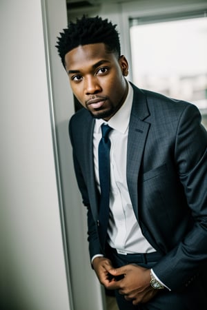 a young black americn businessman in a dark office room, his eyes and face locked on camera lens, short image
