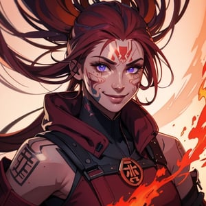 portrait on a white background of a smiling female with flaming red and violet hair and a long neon Chinese style goatee, and tattoo of flames on her face.,bagpipeqr,PachaMeme,High detailed ,Realism