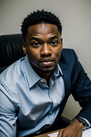 a young black americn businessman in a dark office room, his eyes and face locked on camera lens, short image