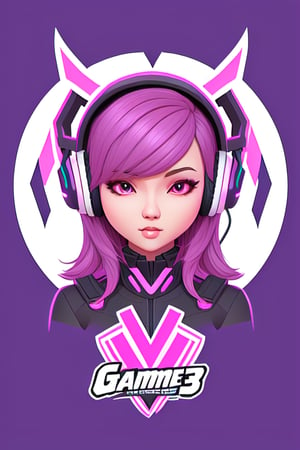 mascot gaming logo, icon logo, logo design, mascot, icon , purple and pink, white background, vector art, 3d , flat vector, illustration, design, creative, gammer girl, wearing headset, mascot style , 3d
