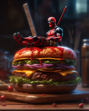 a Deadpool colour theme burger sitting on top of a wooden table, concept art by Eddie Mendoza, trending on Artstation, digital art, deathburger, high detail iconic character, 3840 x 2160,oni style