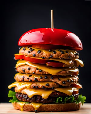 Behold, a tantalizing masterpiece that combines the beloved Deadpool theme with the perfection of a mouthwatering hamburger. This culinary marvel features a juicy patty grilled to perfection, generously topped with melting cheese, crispy lettuce, and succulent tomato slices, all embraced between two perfectly toasted buns adorned with a playful representation of Deadpool's mask. Placed on a rustic wooden table, the burger exudes a sense of rustic elegance, charmingly juxtaposing the superhero-inspired design. The intricate wood grain adds an organic touch, providing a compelling backdrop that enhances the visual appeal of the vibrant burger. Captured in an enchanting Pixar 3D style, the image brings together the extraordinary world of Deadpool and the temptation of a gourmet hamburger. 